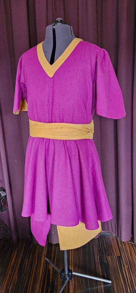 hofnarr-tunika-scherpe-hose Hofnarrengewandung fürs Larp aus violettem und gelbem Leinen